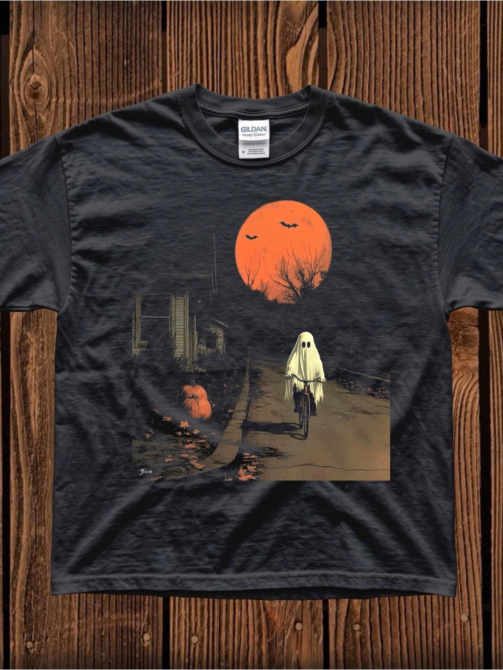 Gildan Black Short-Sleeve Tee with Halloween Ghost and Orange Moon Pumpkin